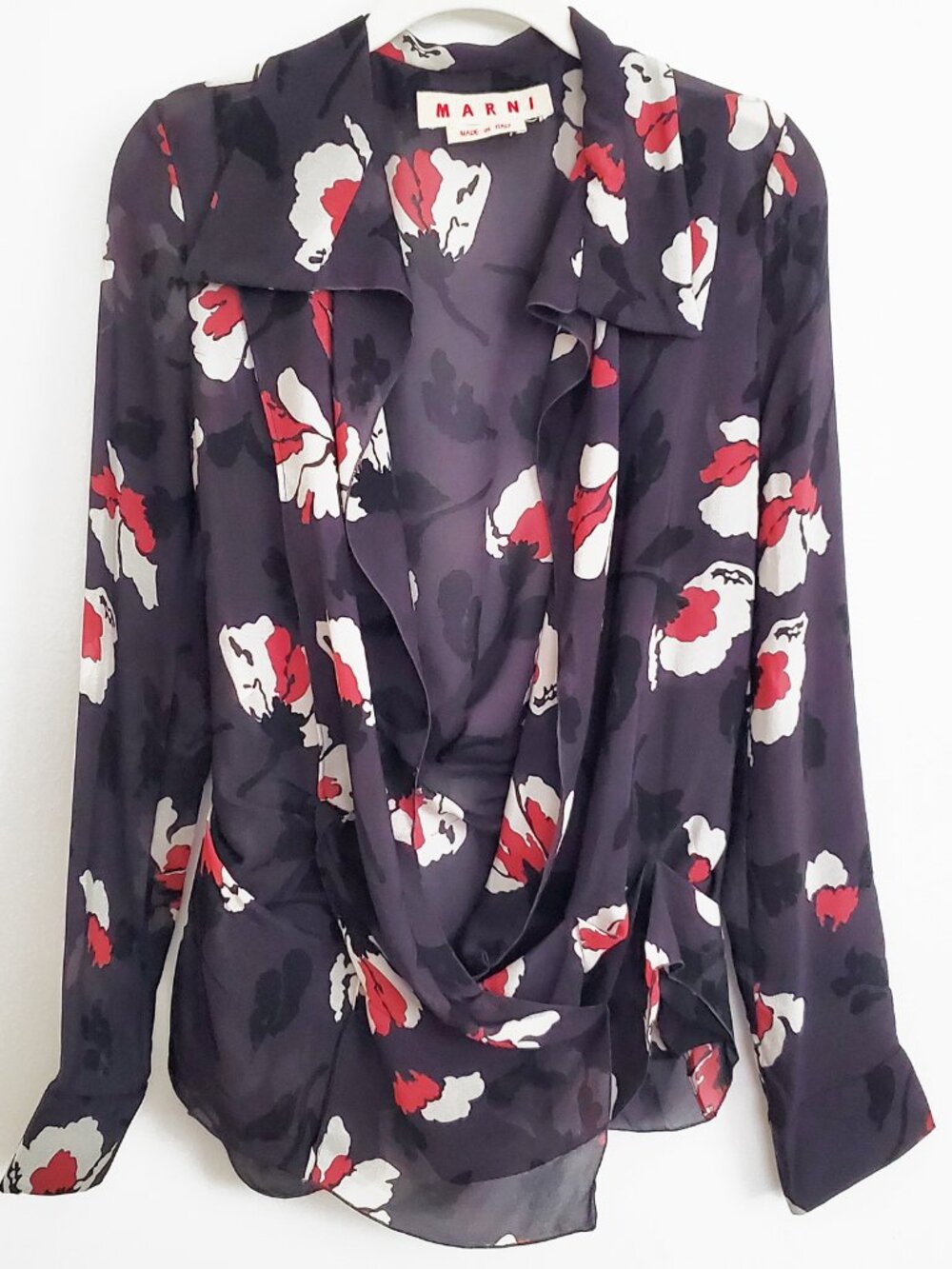 Marni Floral Silk Crepe Chiffon Long Sleeve Blouse Red Black Ivory